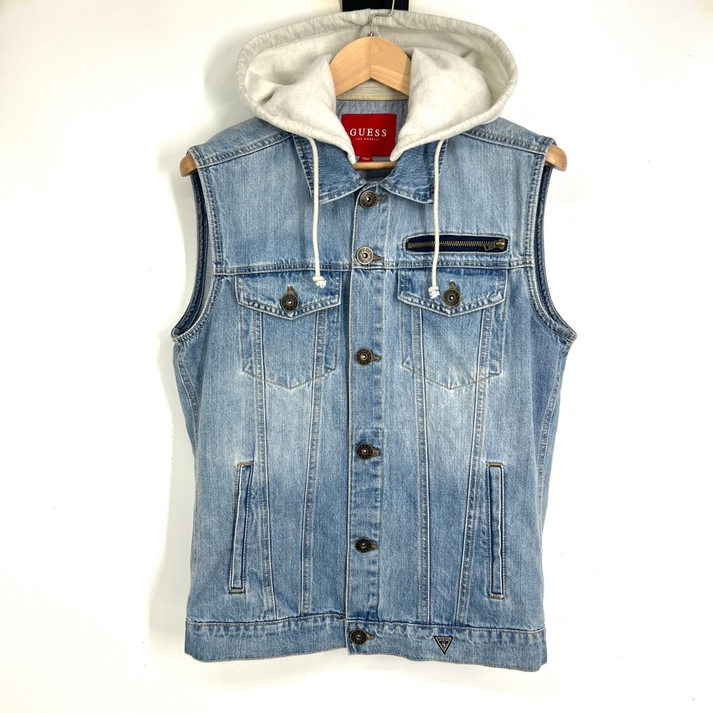 GUESS Los Angeles Mens Denim Hooded Vest Light Wash Blue Size M X80D07R35N0